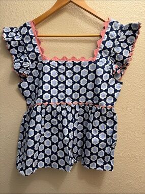 Printfresh  Dunmore Blouse Navy, Light Blue & Pink Smocked Ruffle Tank.